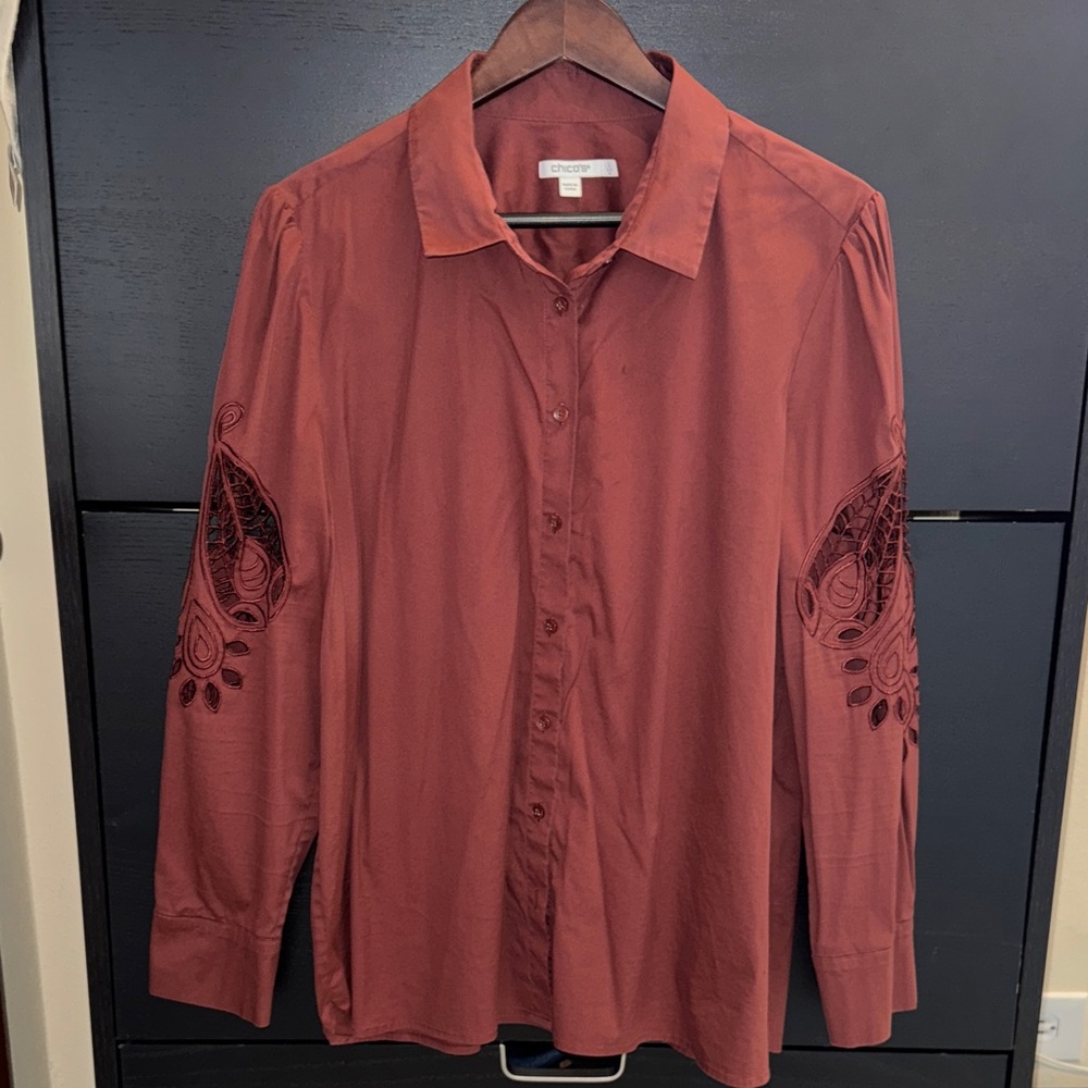 Chico's Terracotta Embroidered Button-Up Blouse